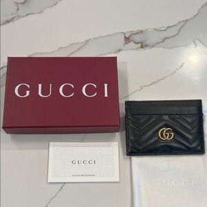 New Gucci Black GG Marmont Chevron Leather Card Case